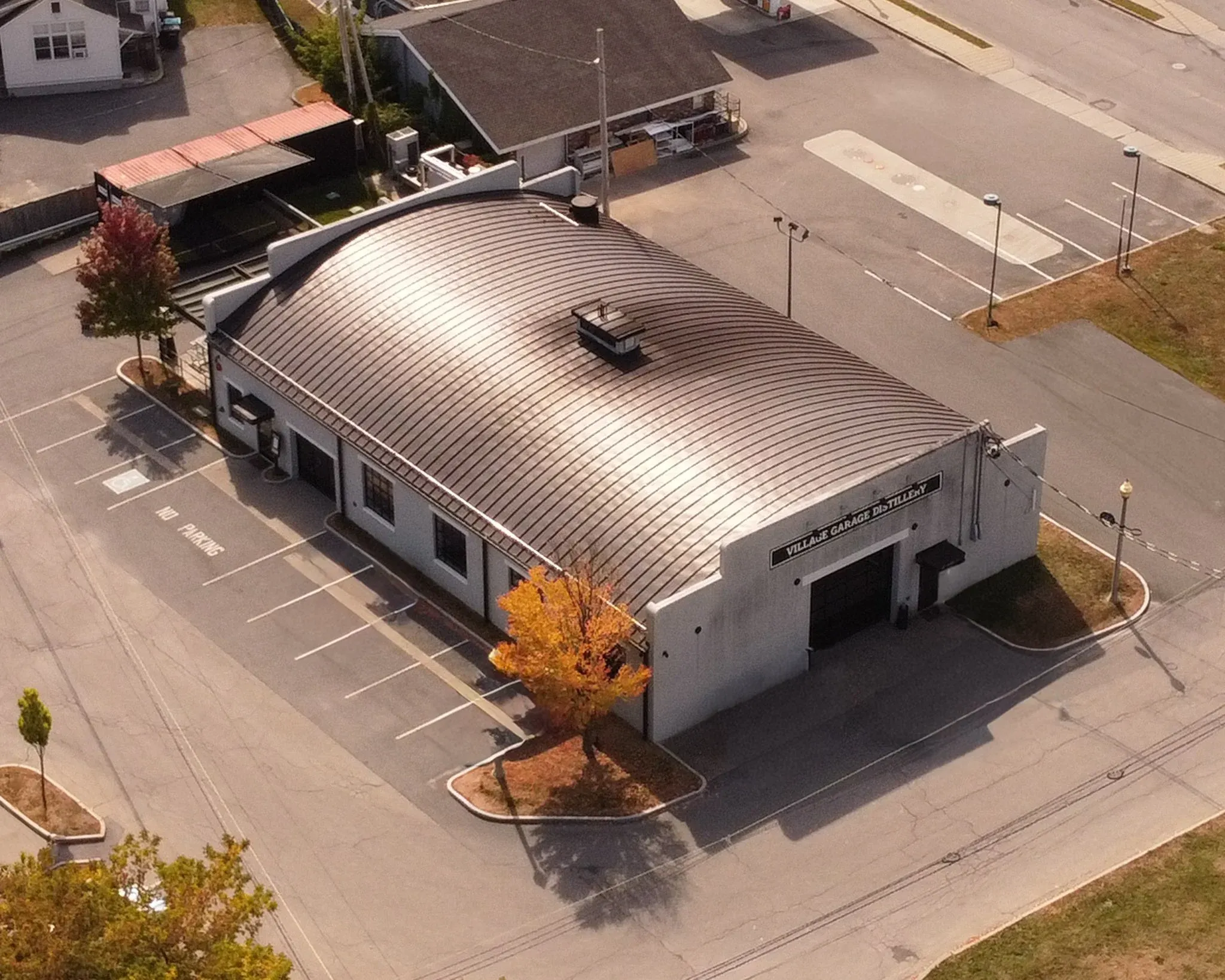 Aerial view of the Village Garage Distillery building in downtown Bennington, Vermont