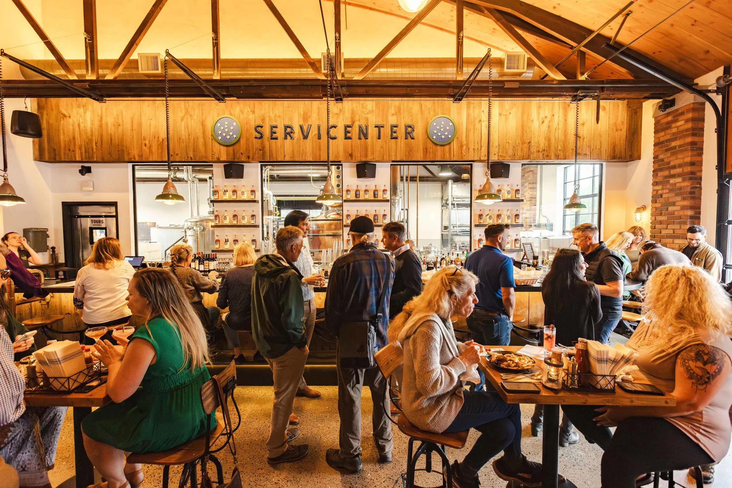Diners at tables inside Pearl's at the Garage
