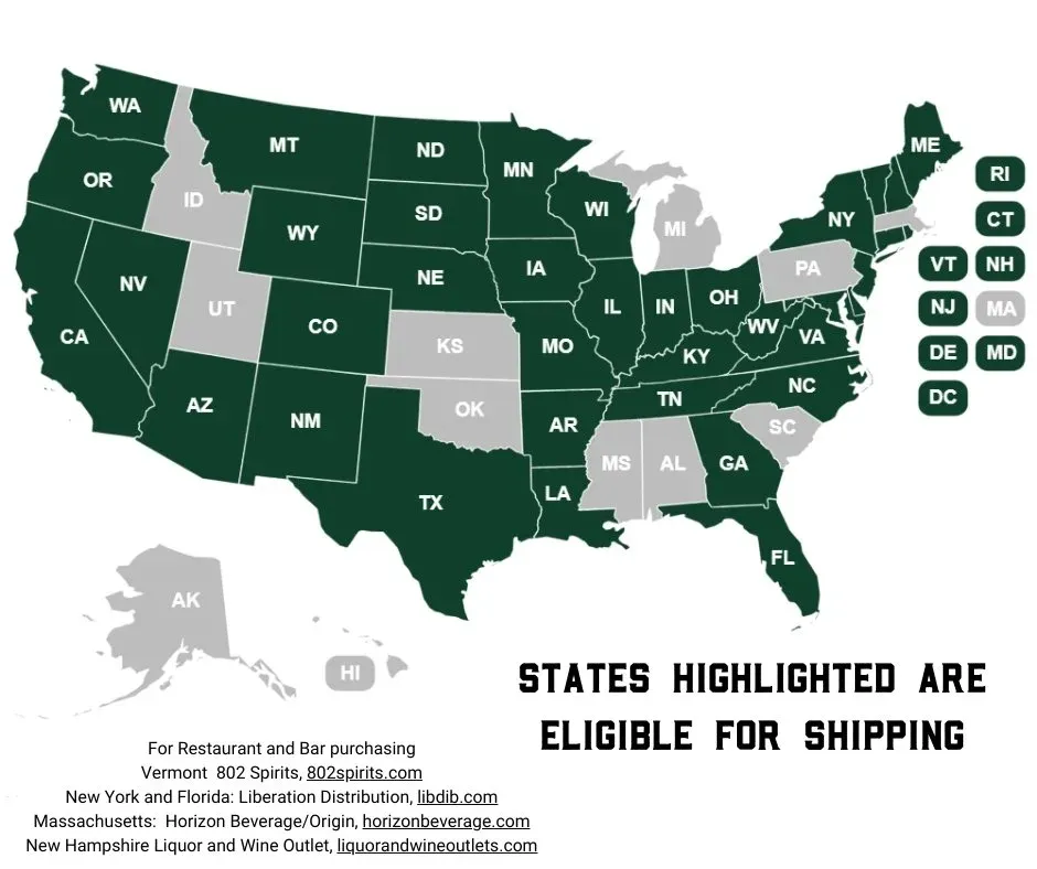 Map of the United States with the states eligible for Village Garage shipping highlighted, plus wholesale ordering links for restaurants and bars
